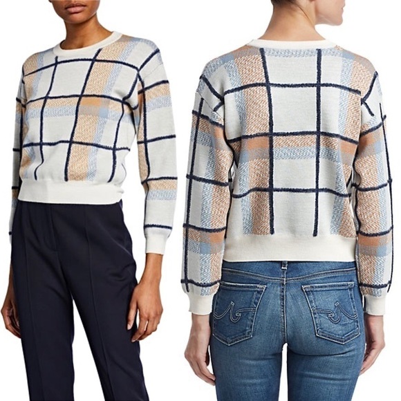 JOIE Wool Plaid Check Knit 3/4 Long Sleeve Crewneck Cropped Pullover Sweater XS - Picture 4 of 14